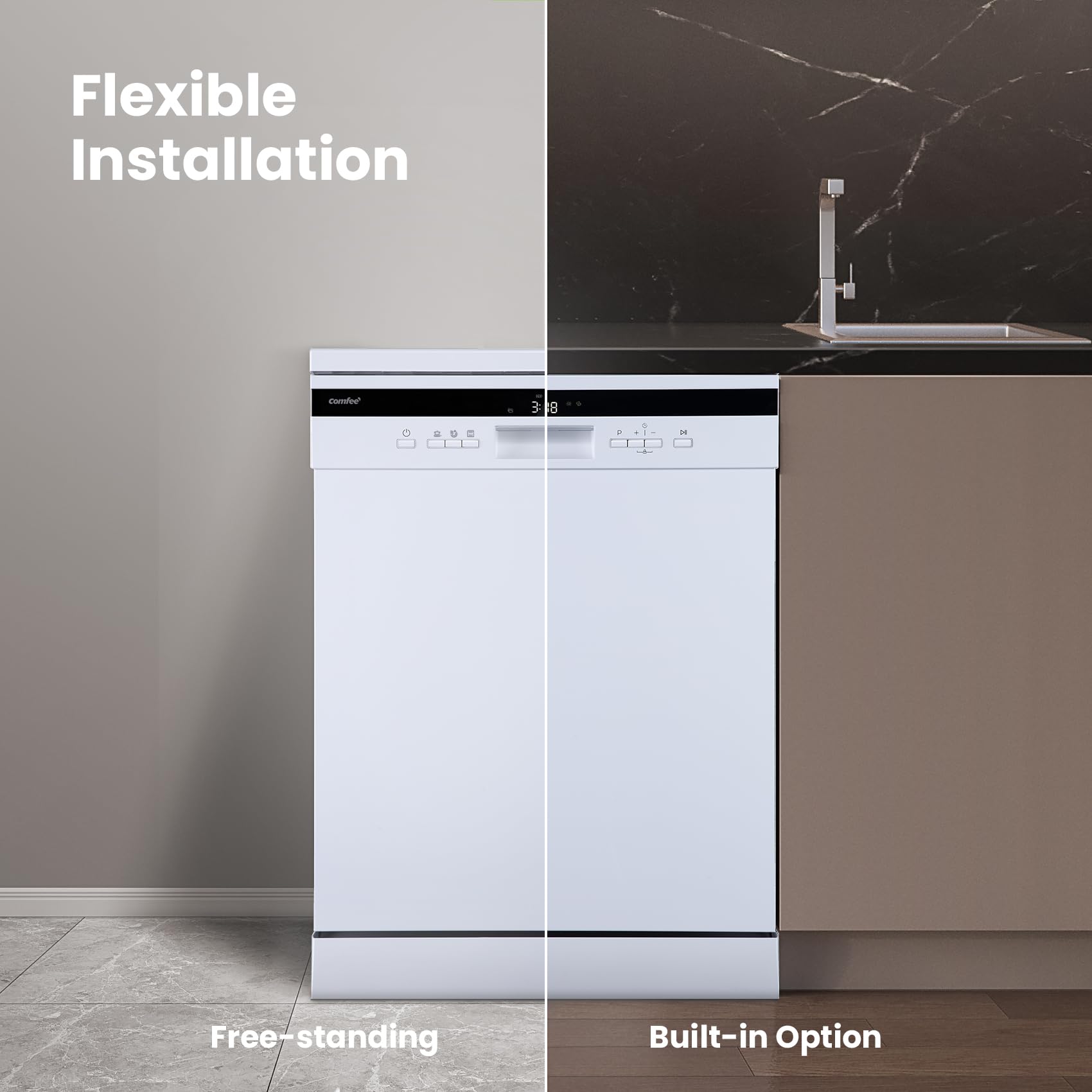 COMFEE' Freestanding Dishwasher with 14 Place Settings, 44dB Quiet Full Size Dishwashers, CDWEF1435EWC-UK, ECO Wash