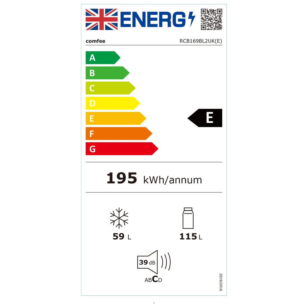 COMFEE' RCB169BL2UK(E) 174L 70/30 Freestanding Fridge Freezer, 150cm Height, Low Frost, 4-Star Freezer, Quiet 39dB