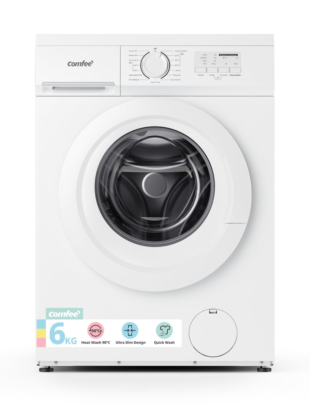 COMFEE' Freestanding Washing Machine,6KG Load,Heat 90℃,Quick Wash,15 Washing Programs,White-CFE10EW60/W