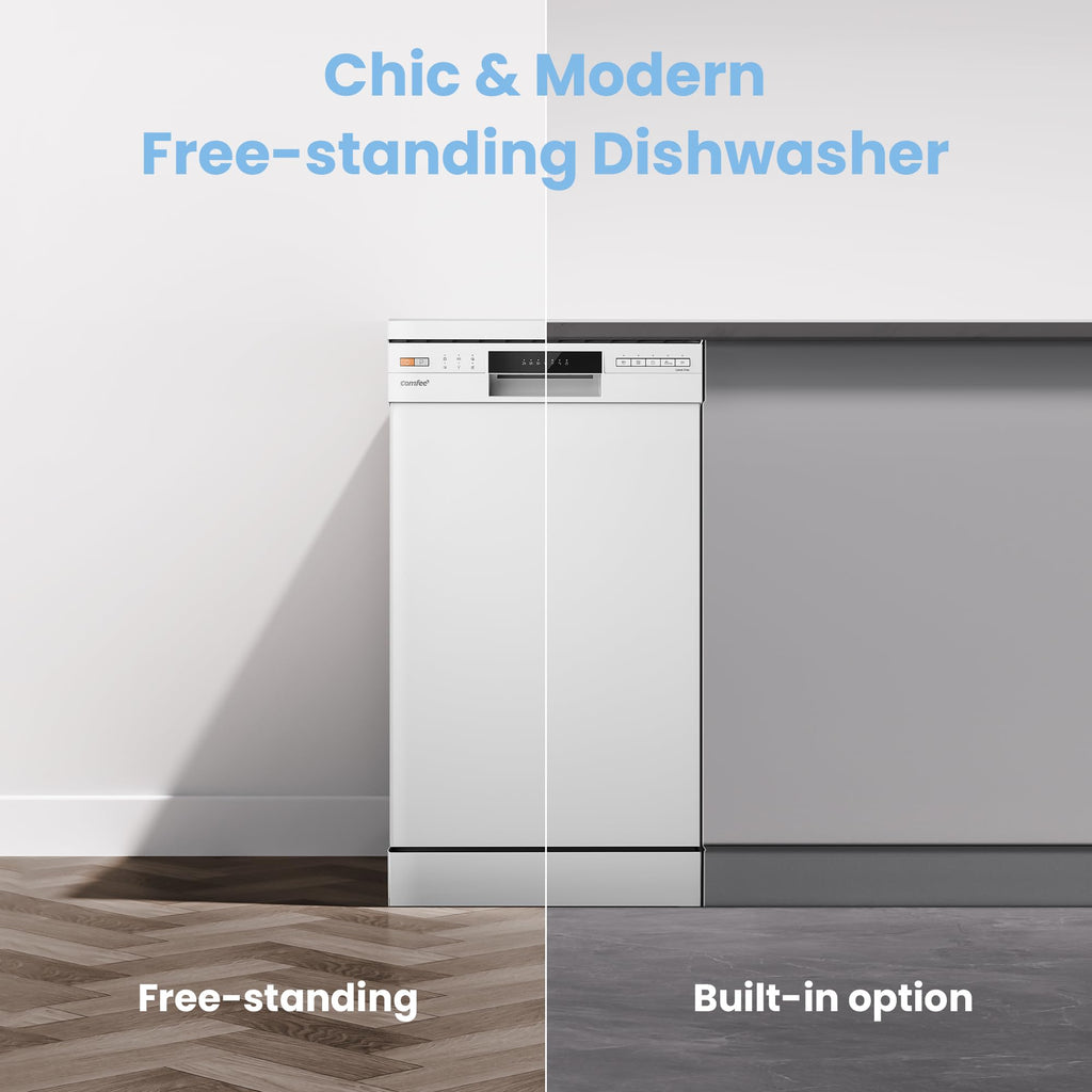 COMFEE' Freestanding Dishwasher CDWEF1034BW-UK 45cm Width, Slimline Dishwasher with 10 place settings, Quick Wash