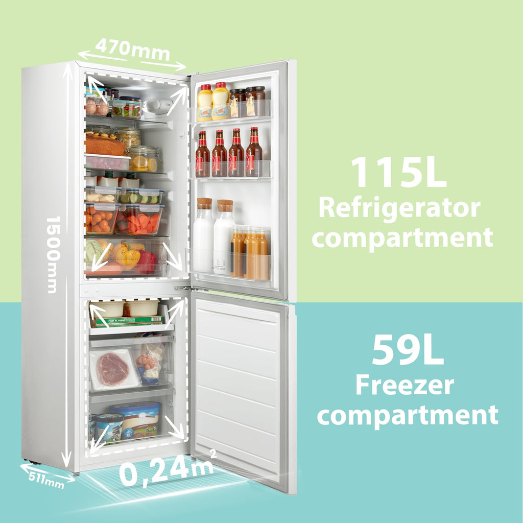 COMFEE' RCB169WH2(E) 174L 70/30 Freestanding Fridge Freezer, 150cm Height, Low Frost, 4-Star Freezer, Quiet 39dB