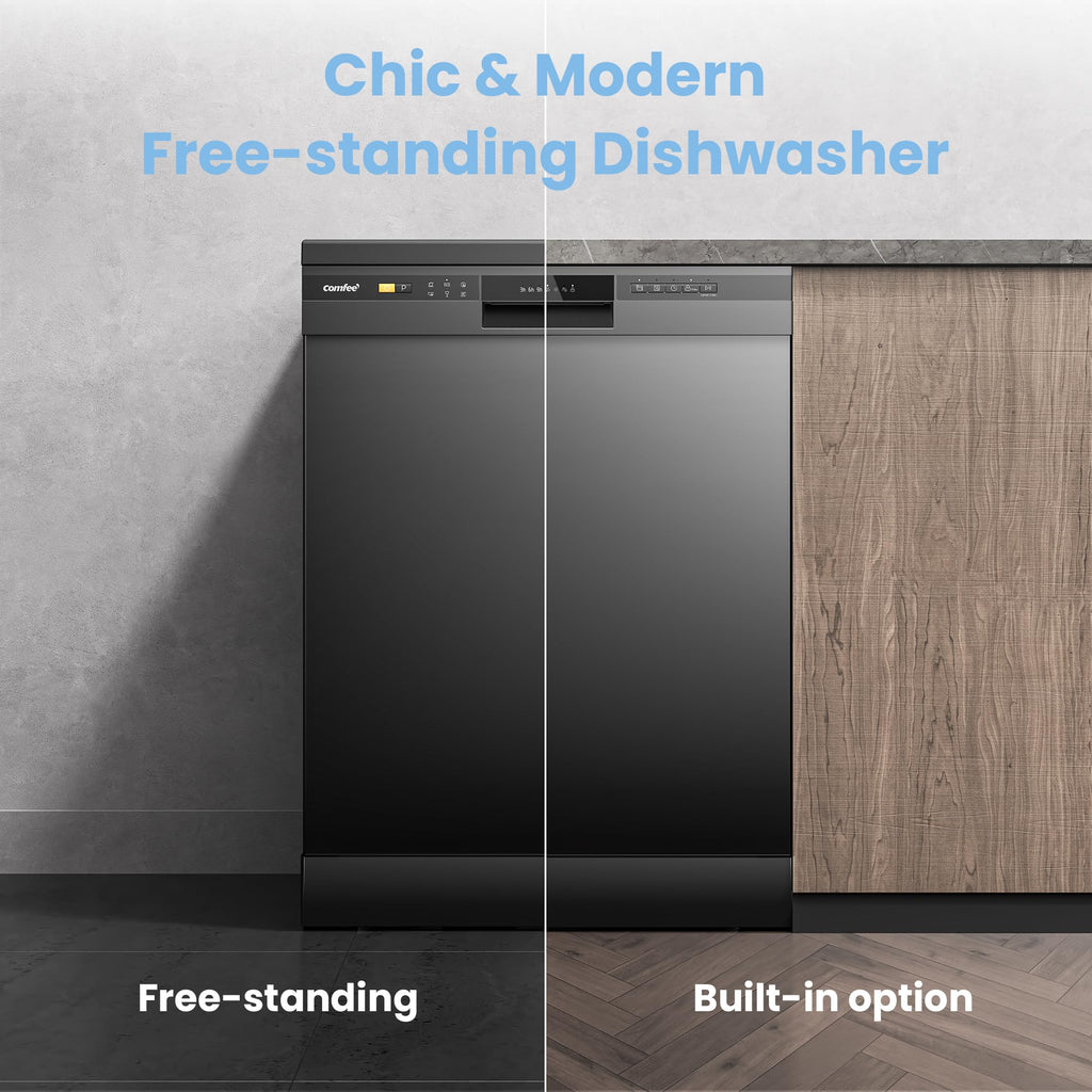 COMFEE' Dishwasher Freestanding with 13 Place Settings, New Upgraded Full Size Dishwasher 60cm Width, CDWPF1301PBD-UK