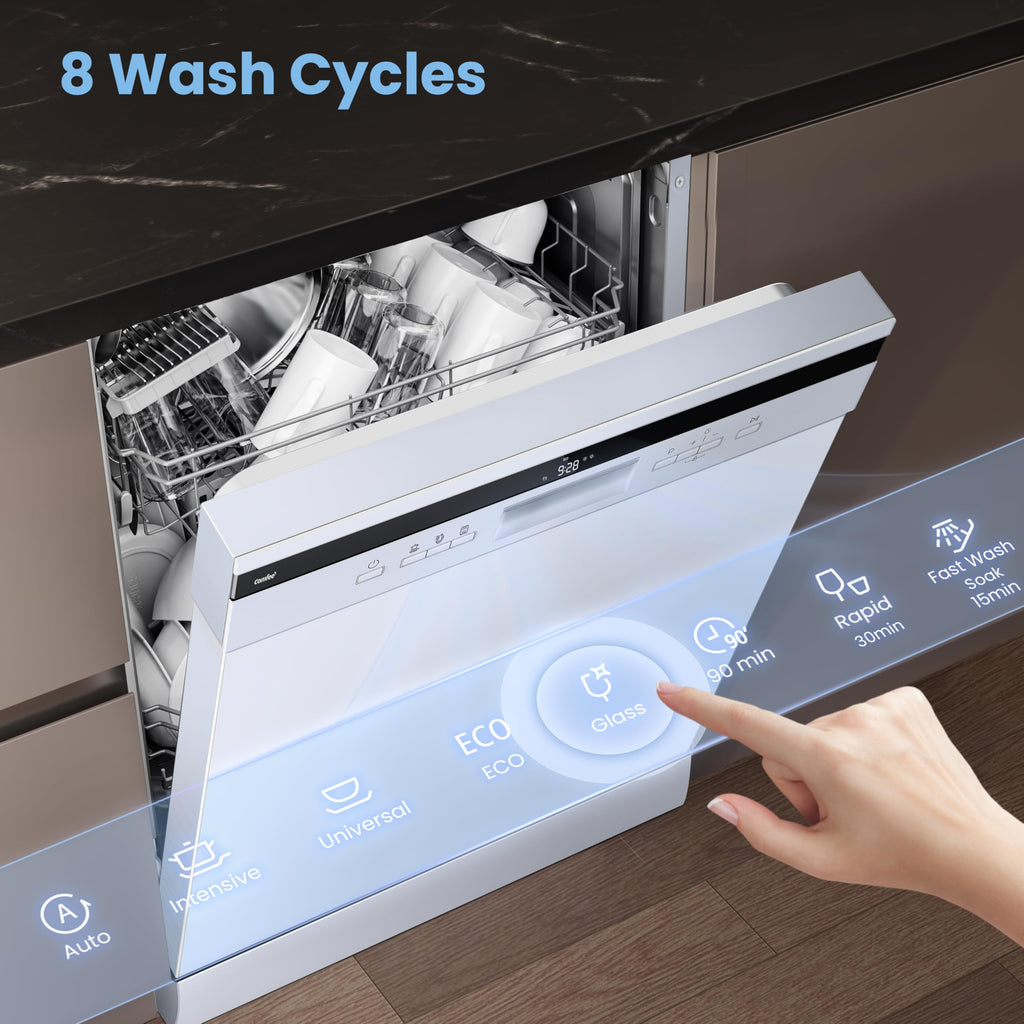COMFEE' Freestanding Dishwasher with 14 Place Settings, 44dB Quiet Full Size Dishwashers, CDWEF1435EWC-UK, ECO Wash