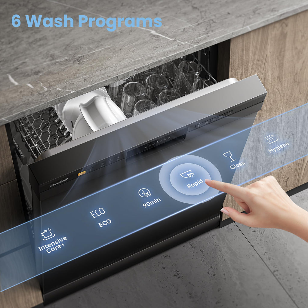COMFEE' Dishwasher Freestanding with 13 Place Settings, New Upgraded Full Size Dishwasher 60cm Width, CDWPF1301PBD-UK