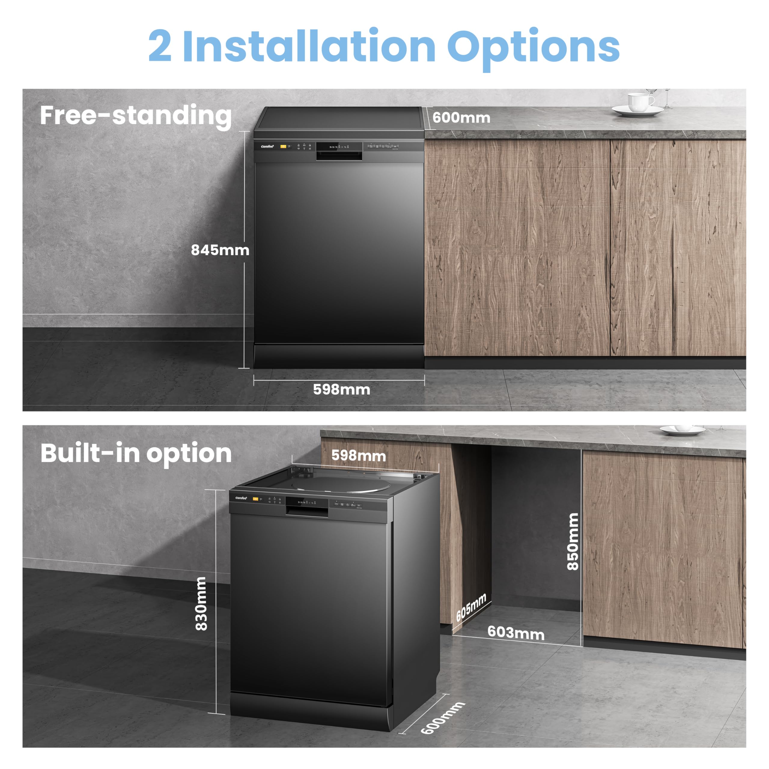 COMFEE' Dishwasher Freestanding with 13 Place Settings, New Upgraded Full Size Dishwasher 60cm Width, CDWPF1301PBD-UK