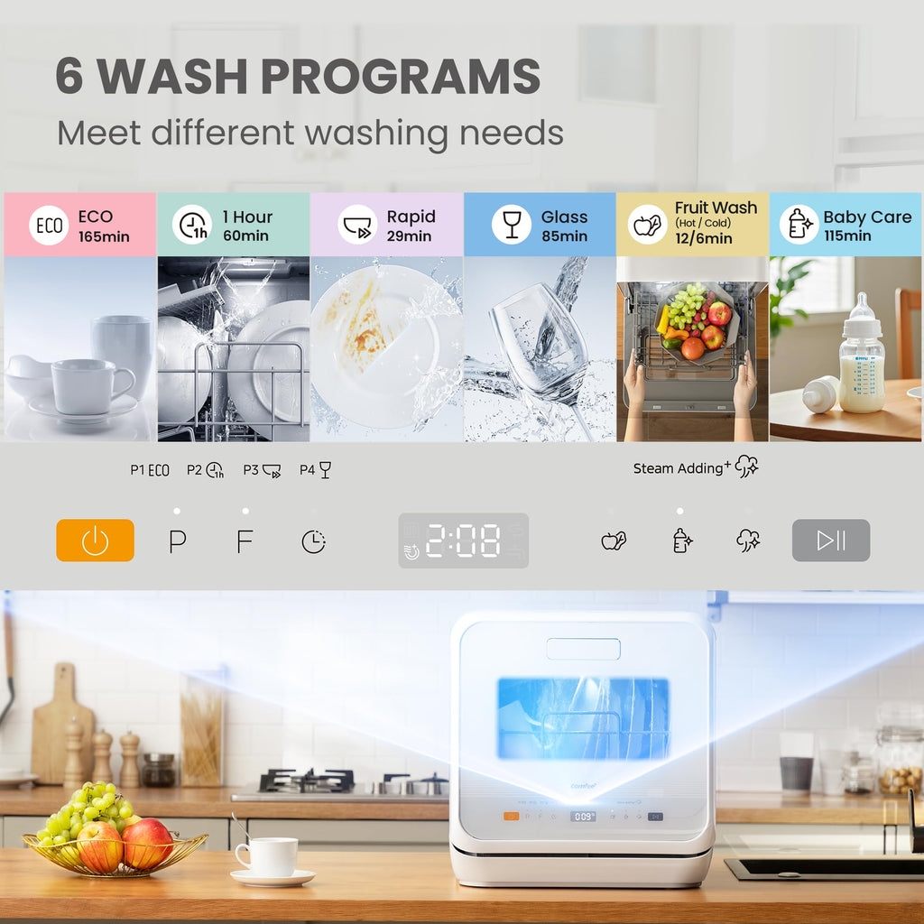 COMFEE‘ Table Top Dishwasher, Mini Countertop Dishwasher with 6+3 Programs, Steam Wash, Baby Care & Fruit Wash, No plumbing, Delay Start